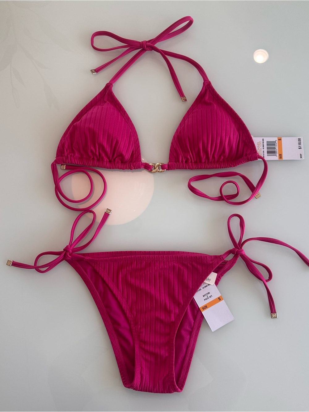 Michael Kors Fuchsia Ribbed Triangle Bikini sz S NWT